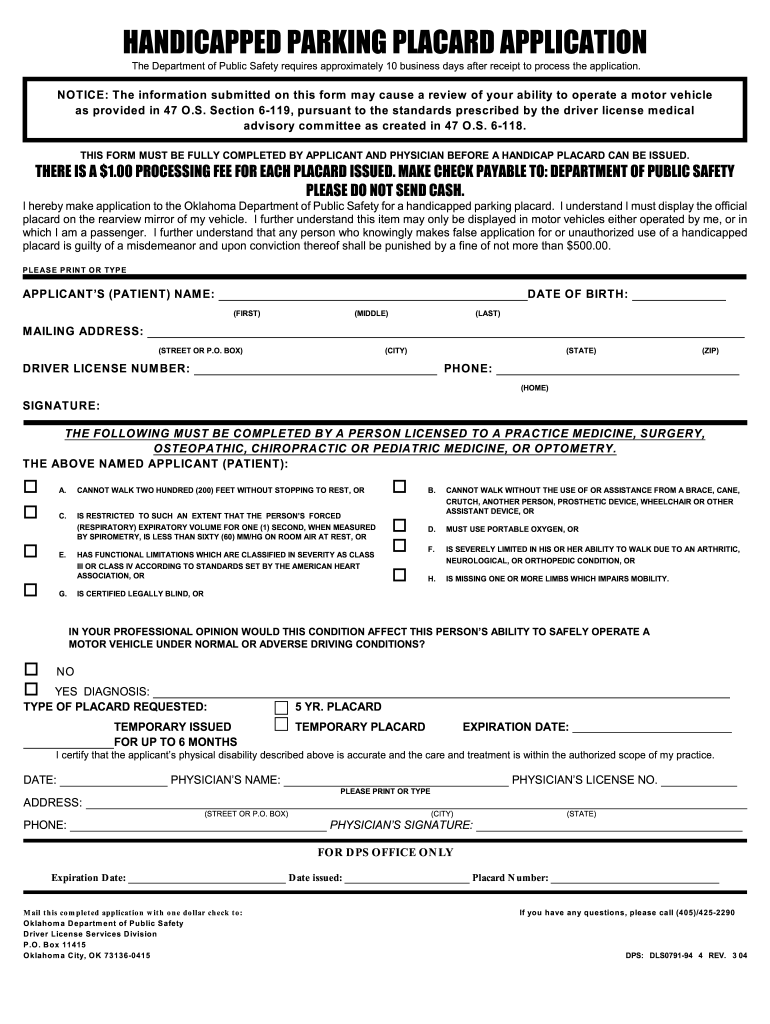 Oklahoma Handicap Placard Application 2004-2025