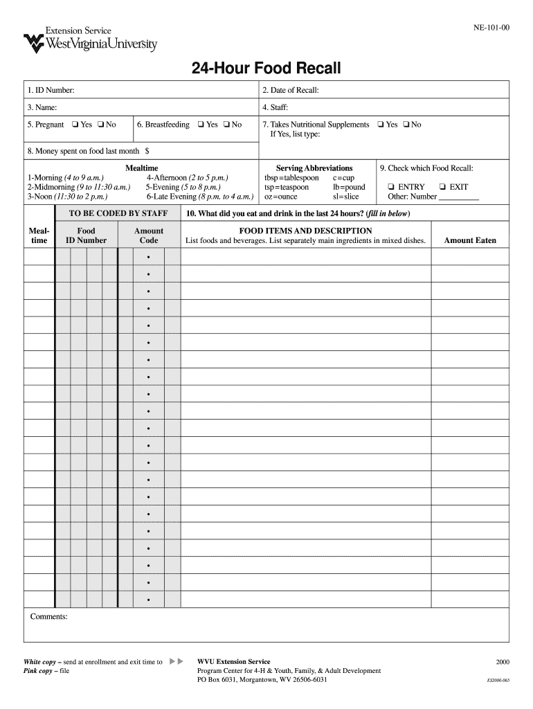 EFNEP 24 Hour Recall Form Wvu 2000-2025