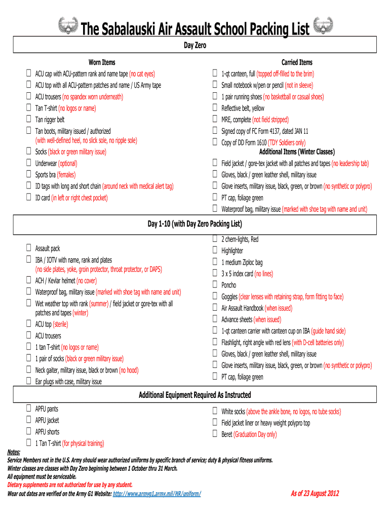 Air Assault Packing List Form