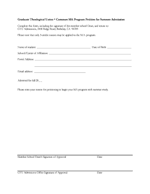 GTU MA Petition for Summer Admission Form