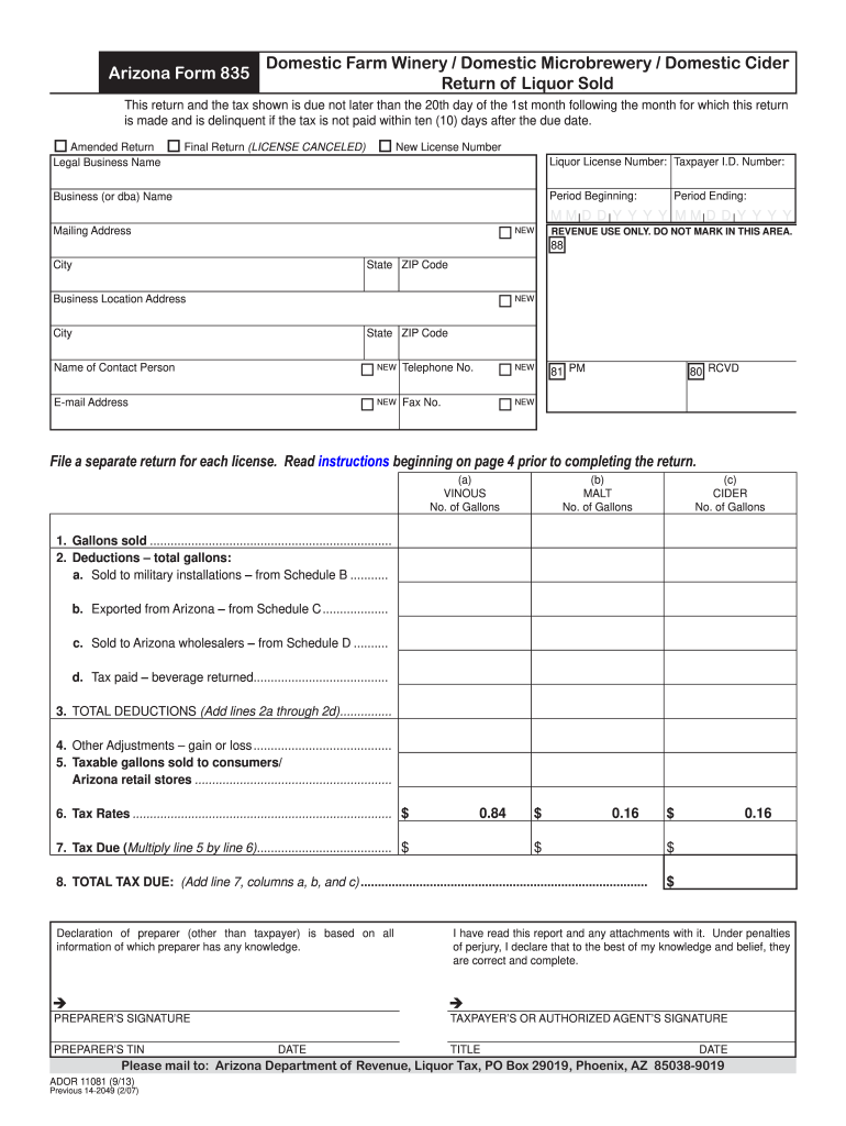 Arizona Form 835 Domestic Farm WineryDomestic MicrobreweryDomestic Cider Return of Liquor Sold Azdor 2013