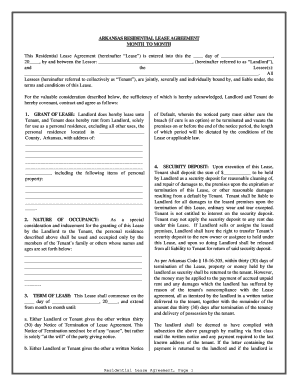 Arkansas Residential Lease or Rental Agreement for Month to Month Form