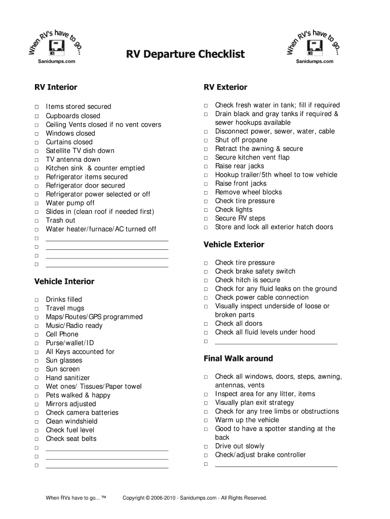 RV Departure Checklist Form