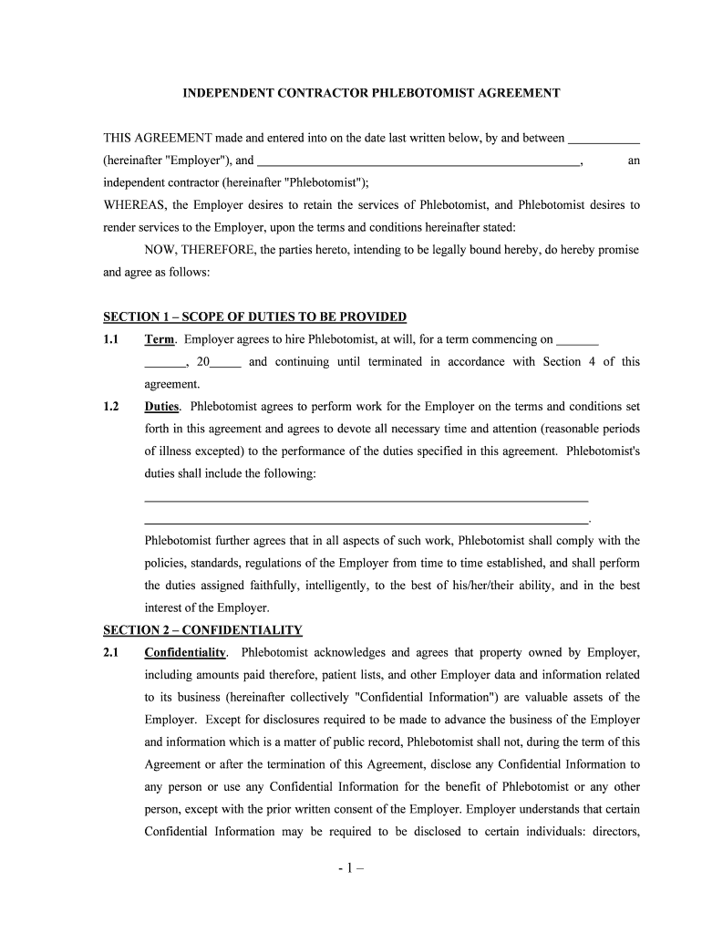 Phlebotomist Agreement Self Employed Independent Contractor Form