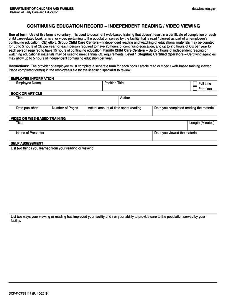 Continuing Education Record Wisconsin Department of 2019