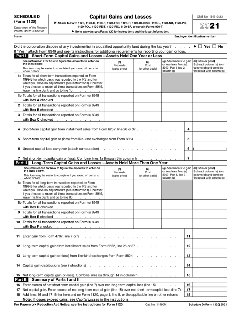 Schedule D SCHEDULE DForm 1120 Department of the 2021