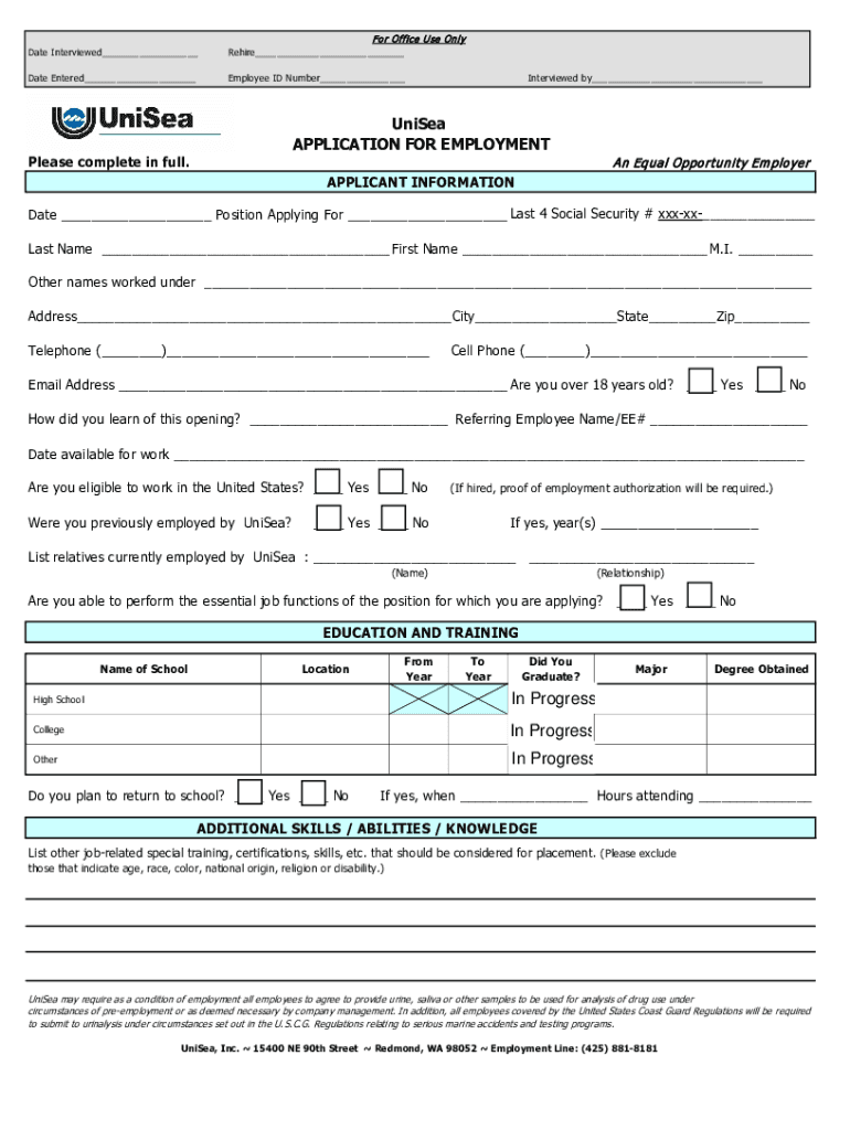 Unisea Employment Application 2020-2025