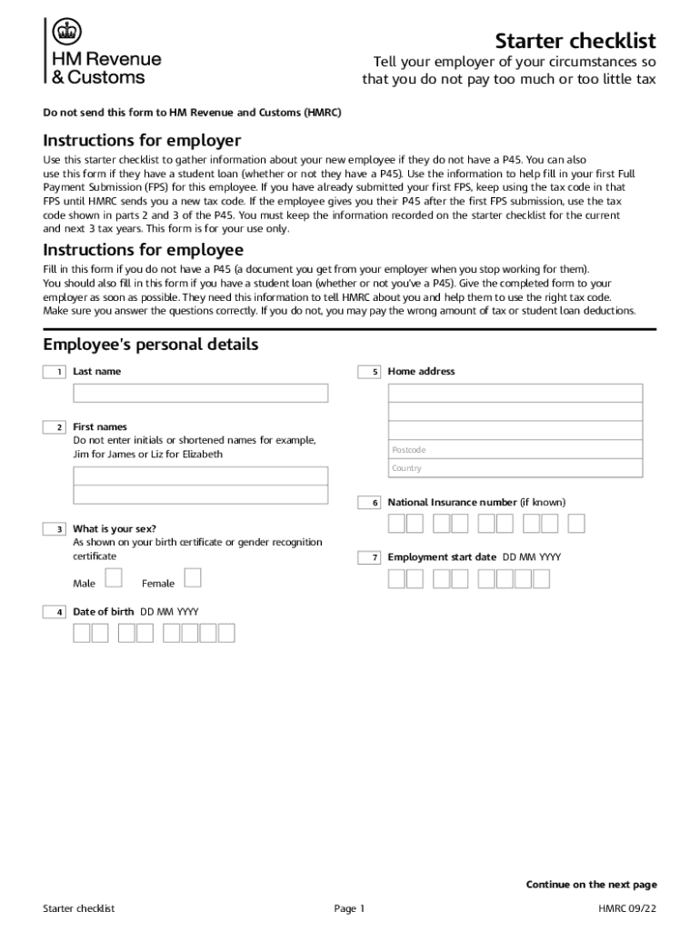 Starter Checklist New Employee Information for Employers 2022-2025