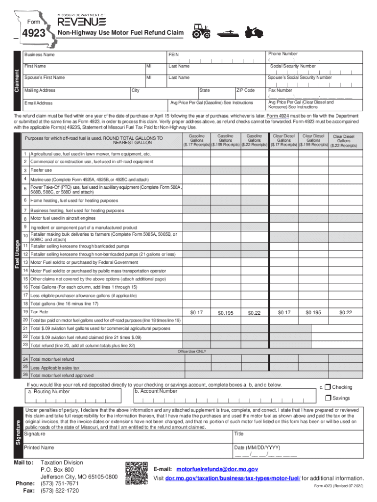 4923 Non HIghway Use Motor Fuel Refund Claim  Form