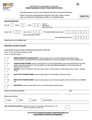 PSE PARENTGUARDIAN STUDENT ETHNIC IDENTIFICATION Nyc Form