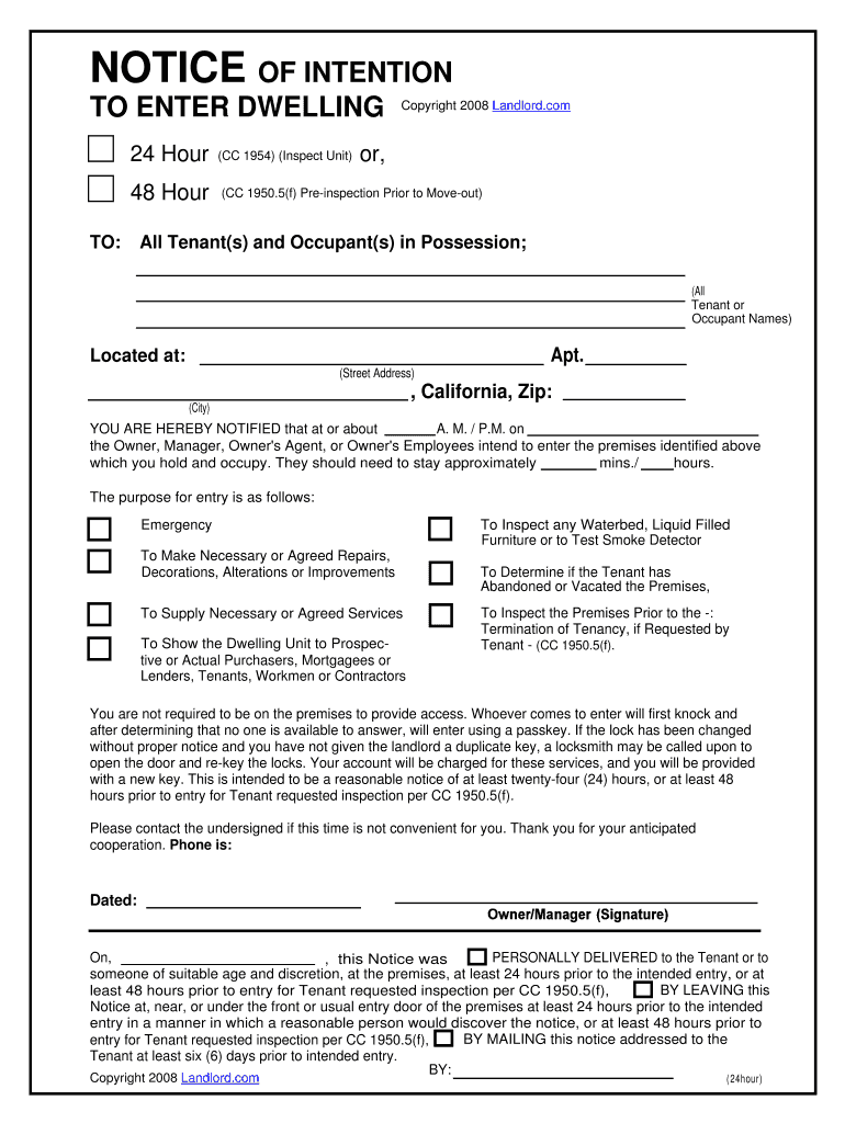 Landlord 24 Hour Notice to Enter Template Form